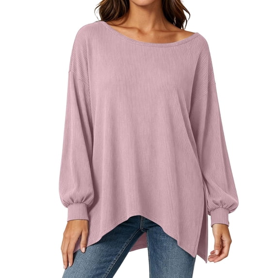 Njagoc3 Boho Tops for Women | Boat Neck Lantern Sleeve Long Sleeve Pullover Top with Side Slit Details | Relaxed Loose Fit for Fall Casual Wear & Vacation Activities,Pink,XL