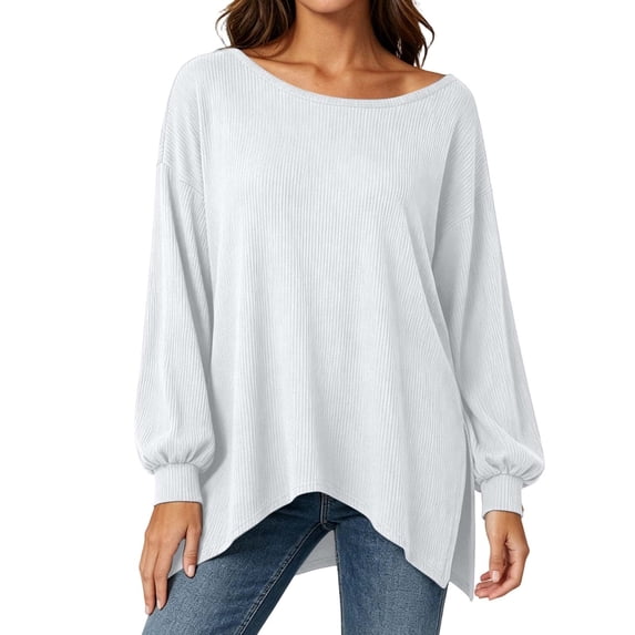 Njagoc3 Boho Tops for Women | Boat Neck Lantern Sleeve Long Sleeve Pullover Top with Side Slit Details | Relaxed Loose Fit for Fall Casual Wear & Vacation Activities,White,L