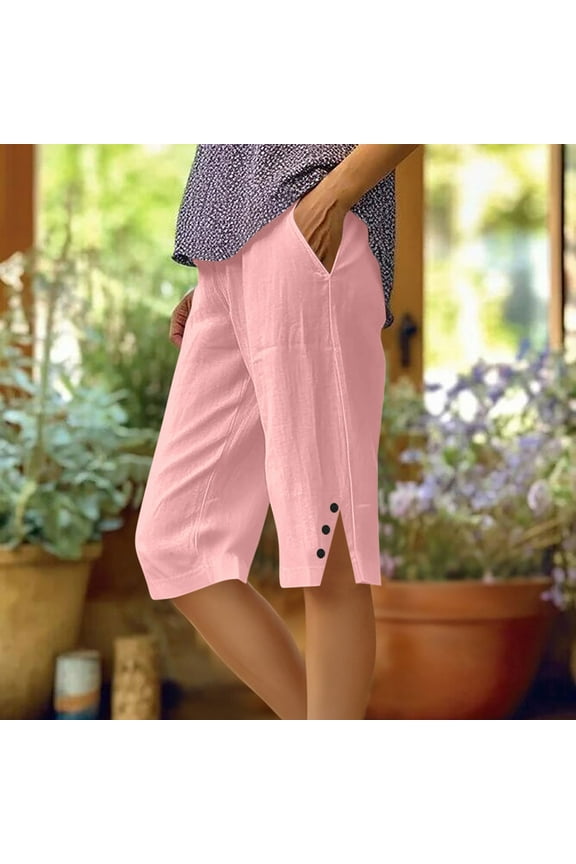 Breathable Linen-Inspired Five Pocket Shorts Womens Straight Leg Side Slit Button Closure Casual Day Look