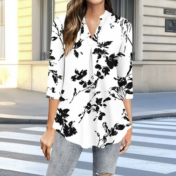Njagoc3 Casual Womens V-Neck 3/4 Sleeve Floral Print Tunic - Summer Loose Breathable Top (Black & White Floral)
