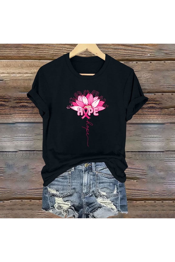 Charity Support Womens T-Shirt Vintage Pink Awareness Ribbon Crewneck Shirt with Floral Hope