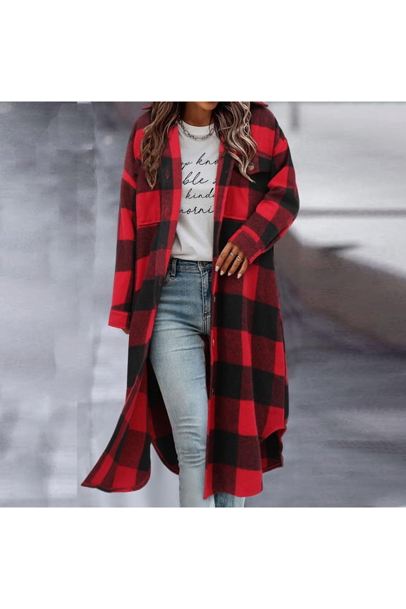 Classic Buffalo Plaid Longline Oversized Duster - Winter Cozy Layering Essential for Women,Red,L