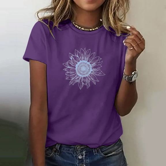Njagoc3 Classic Fit Womens Basic Crewneck Short Sleeve Sunflower Graphic Print Breathable PolyCotton Casual Summer Tee