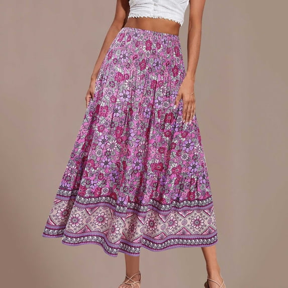 Njagoc3 Elegant Purple Printed Long Skirt for Women, Floral Hem Detail, Lightweight & Comfortable, Summer Wardrobe Essential