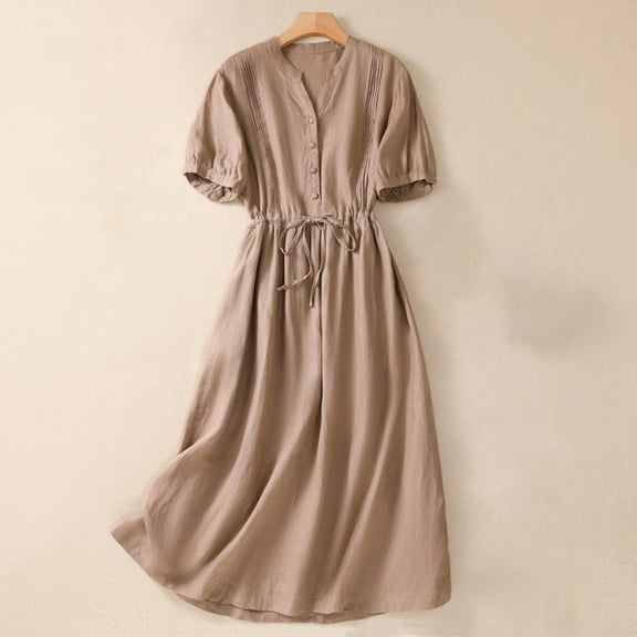 Njagoc3 Fashionable Loose Solid Color V-Neck Waist Cinching Temperament Plus Size Short Sleeved Casual Party Home Evening Dress Dress for Womens 2025