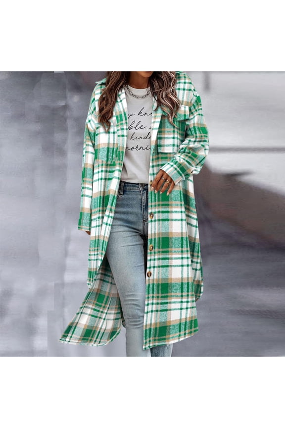 Fresh Green Plaid Longline Oversized Duster - Spring & Fall Transitional Wear for Women,Green,L