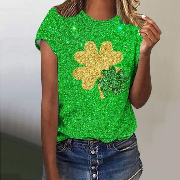 Njagoc3 Green Blouse for Women St. Patrick'S Day Glitter Sequin Print Casual Short Sleeve Tops