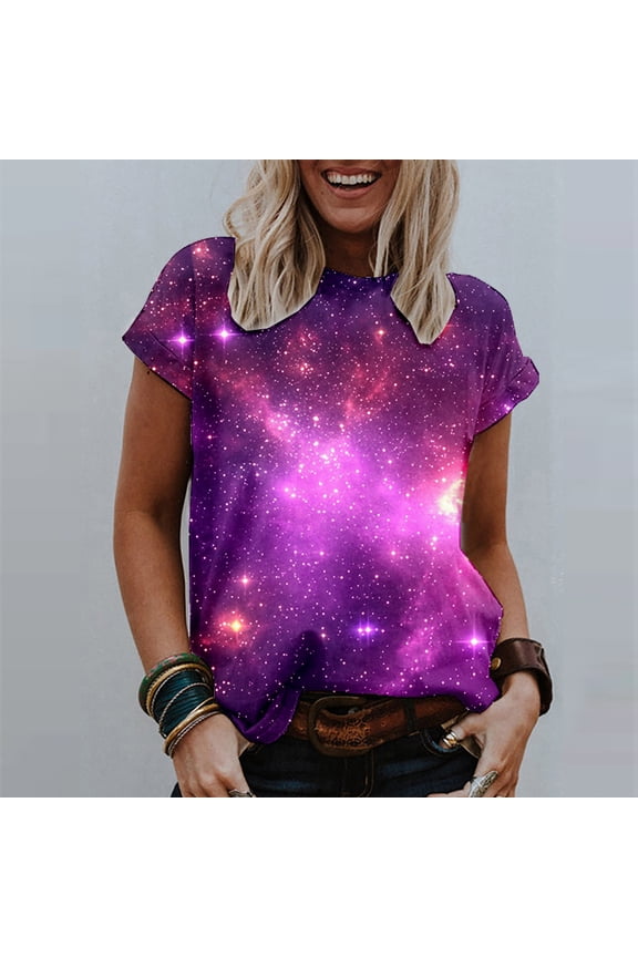Ladies Blouses Fashion Star Printed Round Neck Short Sleeve Round Neck Tops