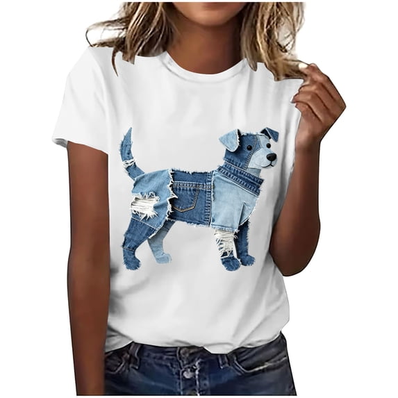 Njagoc3 Ladies Casual Graphic Tee, Retro Distressed Denim‑Inspired Patchwork Print Relaxed‑Fit Short Sleeve Top for Everyday Outfits