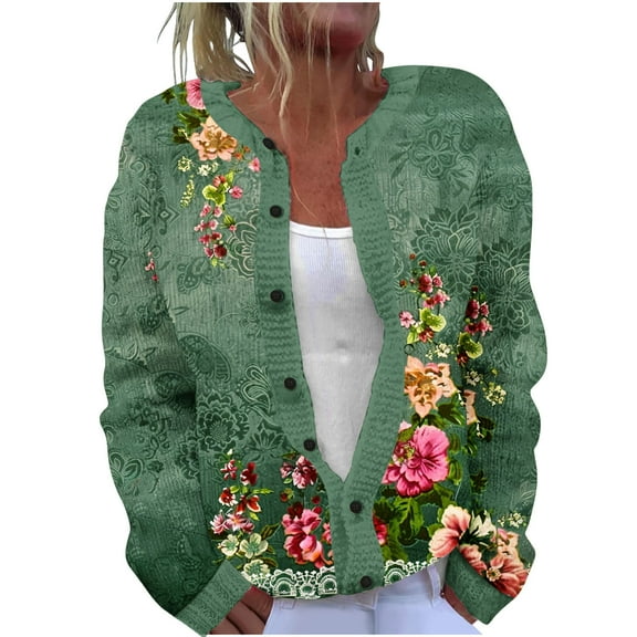Njagoc3 Ladies Casual Retro Floral Printed Knitted Cardigan with Button Up Jacket and Top