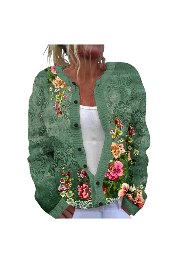 Ladies Casual Retro Floral Printed Knitted Cardigan with Button Up Jacket and Top