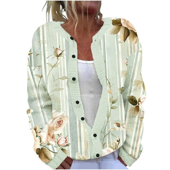 Njagoc3 Ladies Casual Retro Floral Printed Knitted Cardigan with Button Up Jacket and Top