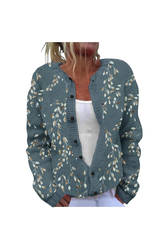 Ladies Casual Retro Floral Printed Knitted Cardigan with Button Up Jacket and Top