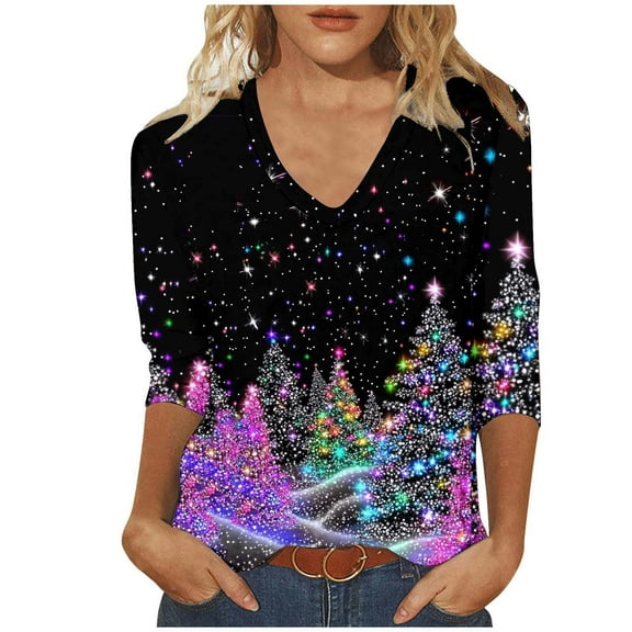 Njagoc3 Ladies Christmas Fashion Casual Printed V-Neck Quarter Sleeve Top