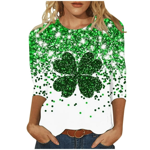Njagoc3 Ladies Loose Casual St. Patrick'S Day Printed Round Neck 3/4 Sleeve T-Shirt Top