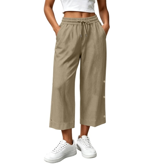 Njagoc3 Linen Capris for Women Elastic Waisted Drawstring Capri Pants with Pockets Side Button Casual Summer Cropped Pants