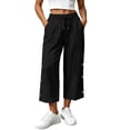 thumbnail image 1 of Njagoc3 Linen Capris for Women Elastic Waisted Drawstring Capri Pants with Pockets Side Button Casual Summer Cropped Pants, 1 of 6