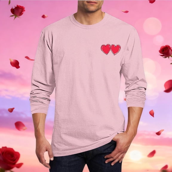 Njagoc3 Men's Crew Neck Long Sleeve Double Heart Print Top - Everyday Casual Wear，Pink，XXXXXL