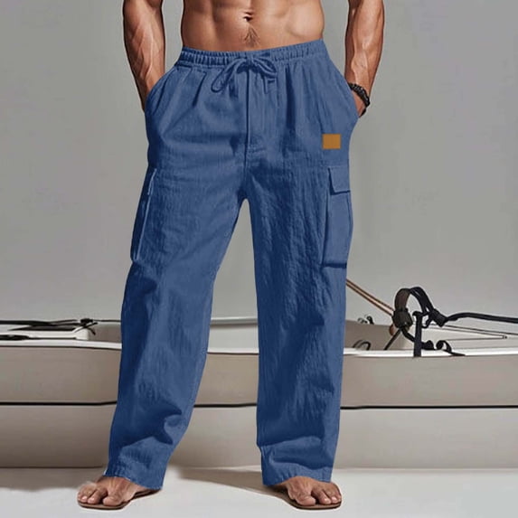 Njagoc3 Men's Drawstring Elastic Waist Casual Cargo Pants, Loose Fit Trousers for Men