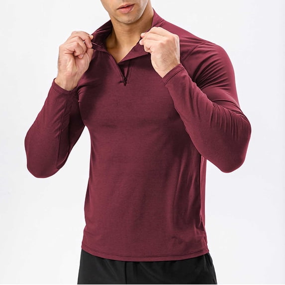 Njagoc3 Men's Half-Zip Long Sleeve Compression Top - Gym & Training Wear,Wine,L