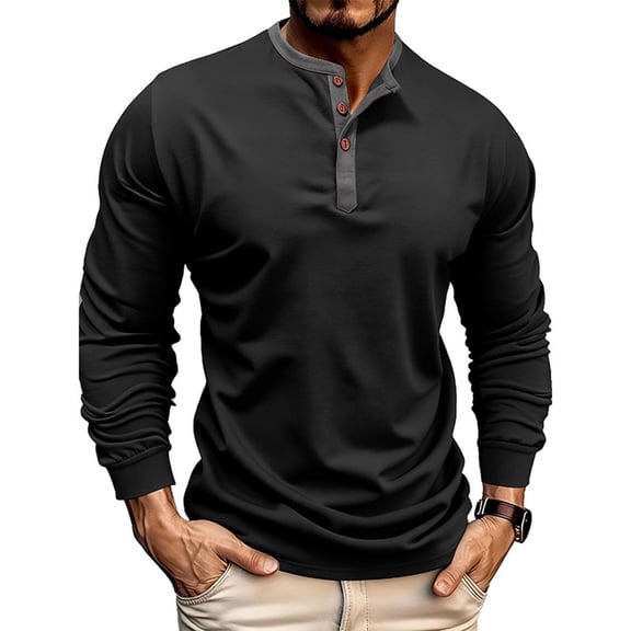 Njagoc3 Men's Henley Neck Long Sleeve Slim Fit Top - Gym & Everyday Casual Wear
