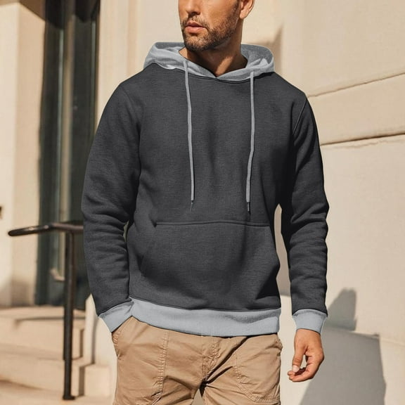 Njagoc3 Men's Hooded Color-Block Long Sleeve Sweatshirt - Everyday Casual Wear,Silver,L