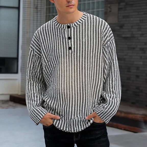 Njagoc3 Men's Oversized Crew Neck Long Sleeve Vertical Stripe Top - Lounge & Casual Wear