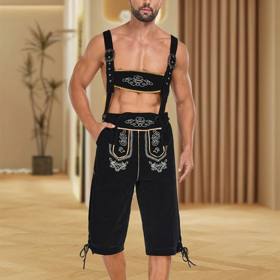 Njagoc3 Mens Bavarian Leather Lederhosen Shorts Set, Traditional Brown, Oktoberfest & Cultural Events Outfit