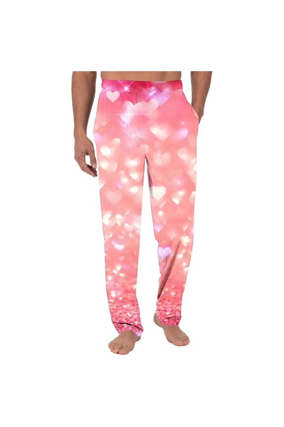 Mens Glitter Heart-Printed Pajama Pants, Sparkling and Eye-Catching Patterned Trousers for Sleep, Lounge, and Special Occasion Loungewear, Adding a Bit of Glamour to Bedtime