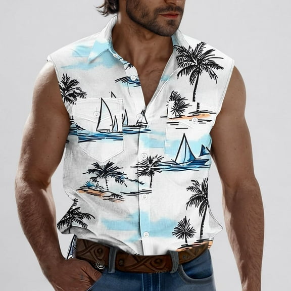Njagoc3 Mens Hawaiian Palm Print Sleeveless Shirt, Breathable, Relaxed Fit for Summer Beach Vacations & Casual Hangouts