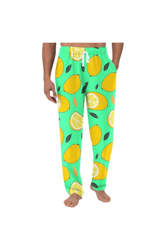 Mens Lemon-Printed Pajama Pants, Comfortable Soft Trousers for Relaxing at Home, Reading, and Watching TV, Refreshing and Comfortable