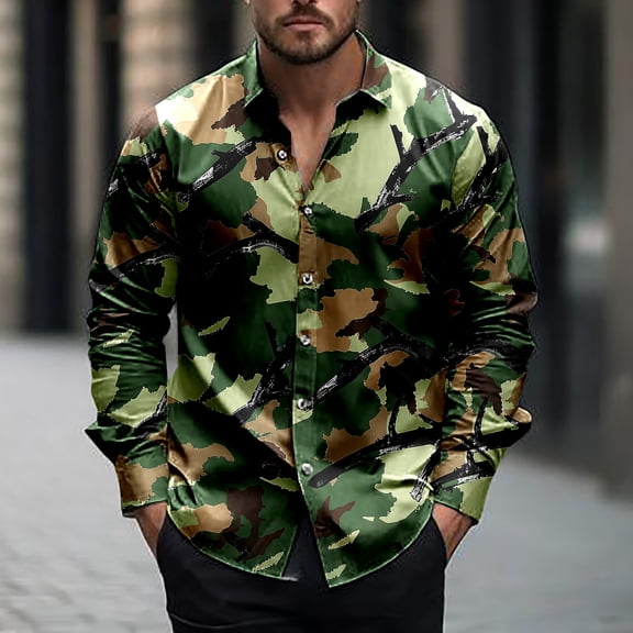 Njagoc3 Mens Long Sleeve Shirt, Classic Collar, Camouflage Print, Unique and Stylish, Lightweight Fabric, Ideal for Winter Layering and Casual Gatherings
