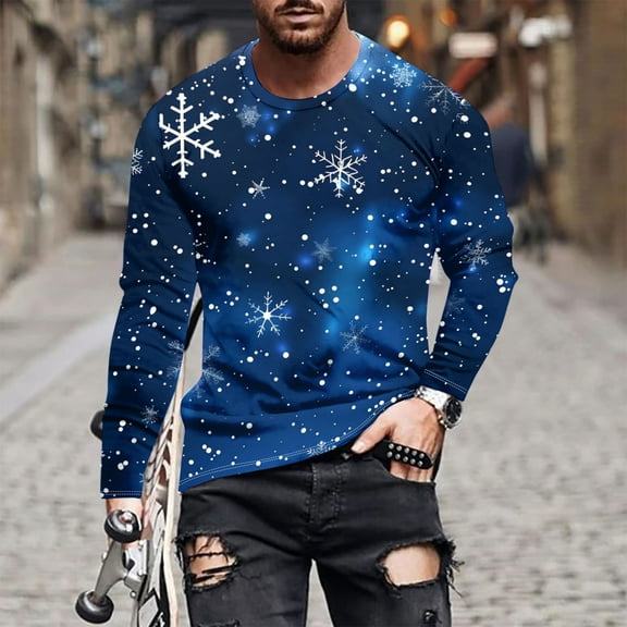 Njagoc3 Mens Long Sleeve T-Shirt, Crew Neck, Snowflake Print, Cool and Stylish, Comfortable to Wear, Perfect for Winter Celebrations and Outdoor Activities