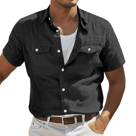 Njagoc3 Mens Multi - Color Linen Short - Sleeve Shirt, Regular Fit, Breathable Fabric, Summer Casual & Outdoor, Versatile Button - Up Top