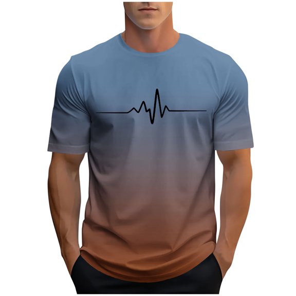 Njagoc3 Mens Ombre EKG Print Short - Sleeve T - Shirt, Regular Fit, Lightweight Fabric, Summer Casual & Fitness, Trendy Graphic Top