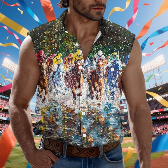 Njagoc3 Mens Sleeveless Button Collar Top, Western Cowboy Print, Summer Festival & Casual Use