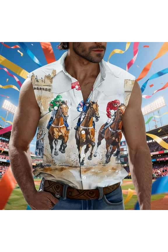 Mens Sleeveless Button - Down Vest, Summer Casual with Western Horse Racing Pattern