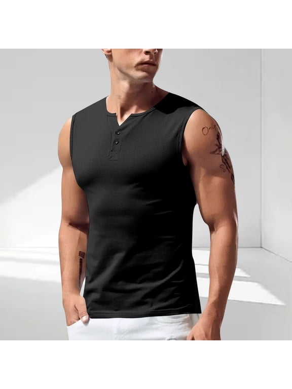 Mens Sleeveless Henley Tank, Button - Placket Design, Polyester - Cotton Blend, Workout & Casual Vest