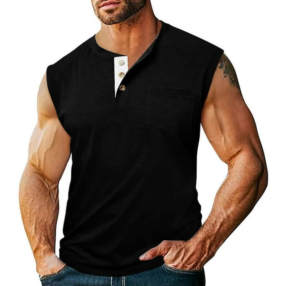Njagoc3 Mens Sleeveless Henley Vest, Button - Accent Design, Cotton - Rich Fabric, Casual Outdoor & Daily Vest