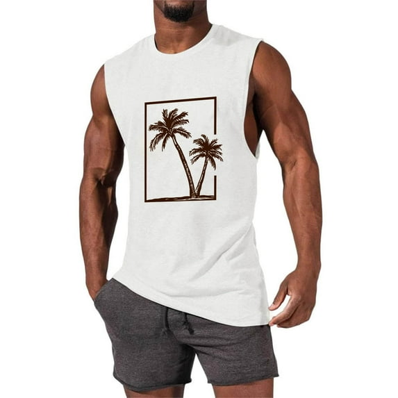 Njagoc3 Mens Sleeveless Retro Palm Tree Tank, Classic Fit, Soft Poly - Cotton Blend, Summer Casual & Streetwear Vest