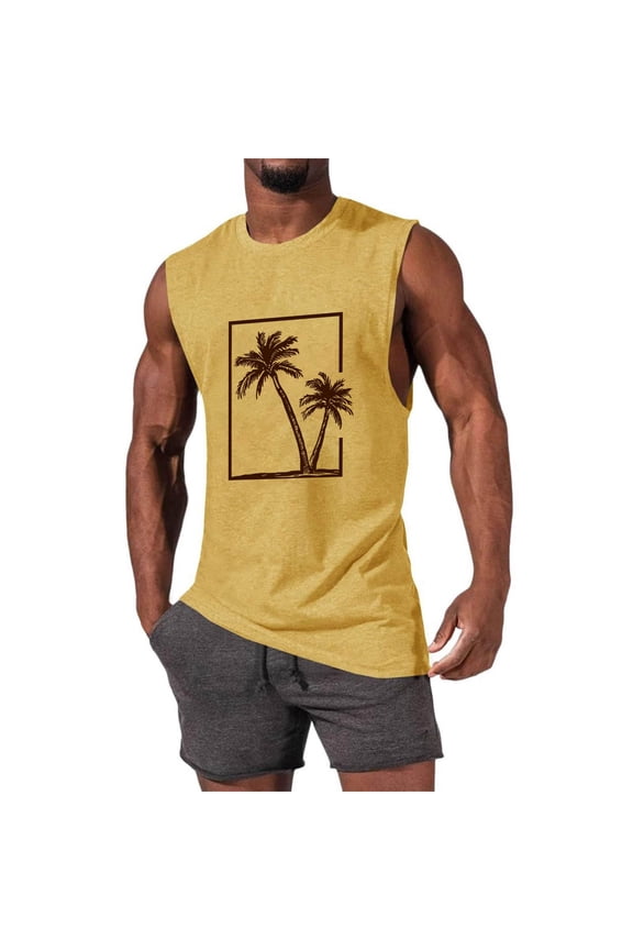 Mens Sleeveless Retro Palm Tree Tank, Classic Fit, Soft Poly - Cotton Blend, Summer Casual & Streetwear Vest