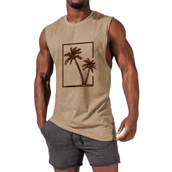 Njagoc3 Mens Sleeveless Retro Palm Tree Tank, Classic Fit, Soft Poly - Cotton Blend, Summer Casual & Streetwear Vest