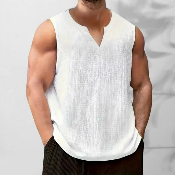 Njagoc3 Mens Sleeveless V - Neck Loose Tank, Flowy Fit, Breathable Linen - Like Fabric, Summer Casual & Beach Vest