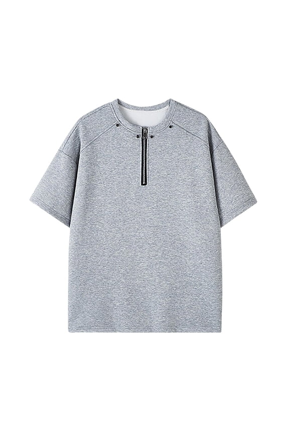 Mens Solid Color Casual Half Zipper Short Sleeved Round Neck Shirts