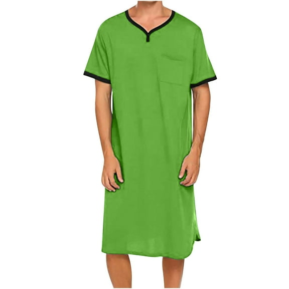 Njagoc3 Mens Solid Color V - Neck Nightgown, Loose Fit, Lightweight Fabric, Summer Loungewear & Casual Daily, Comfortable Sleepwear