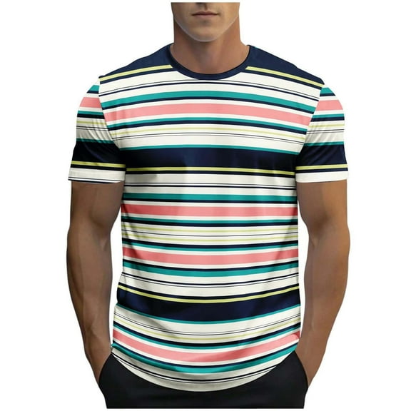 Njagoc3 Mens Striped Short - Sleeve T - Shirt, Regular Fit, Soft Cotton, Summer Casual & Daily, Classic Color - Block Top