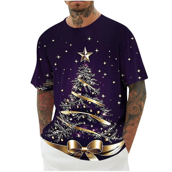 Njagoc3 Mens Summer Long Sleeve T-Shirt, Crew Neck, Christmas Tree Print, Cool and Stylish, Comfortable to Wear, Perfect for Holiday Celebrations