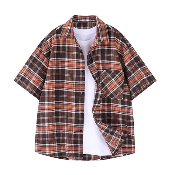 Njagoc3 Mens Summer Short Sleeve Shirt, Classic Collar, Plaid Print, Unique and Fashionable, Comfortable Fit, Ideal for Summer Travel and Cultural Exploration