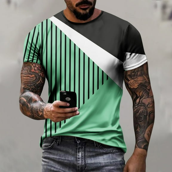 Njagoc3 Mens Summer Short Sleeve T-Shirt, Crew Neck, Color Block Stripe Print, Soft and Comfortable Fabric, Casual Style, Perfect for Daily Wear and Summer Gatherings