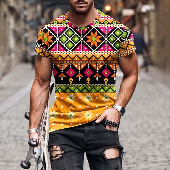 Njagoc3 Mens Summer Short Sleeve T-Shirt, Crew Neck, Colorful Ethnic Print, Vibrant and Eye-Catching, Lightweight Fabric, Great for Summer Festivals